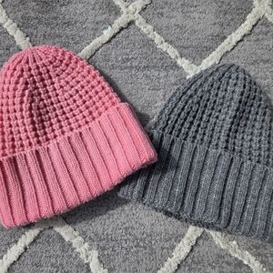 Set Of 2 Knit Beanie Hat - Pink and Gray